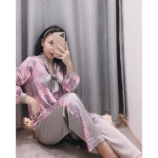 Set Pyjama lụa in caro nơ 2 màu xinh xắn cao cấp