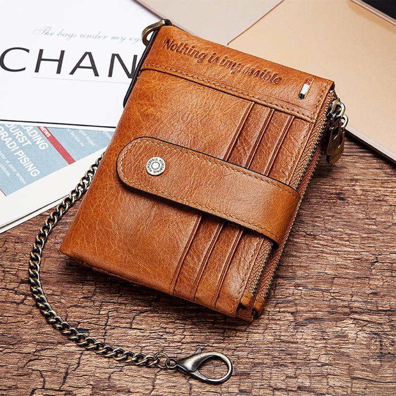 Youyo Ví Da Ngắn Gập Đôi RFID Có Dây Xích Chống Trộm Cho Nam
