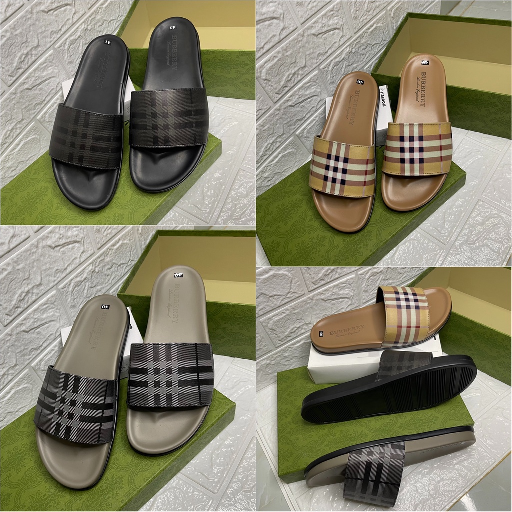 Dép Burberry bản quai da cao cấp in dập chìm , dép quai ngang unisex nam nữ đế cao su non 2022