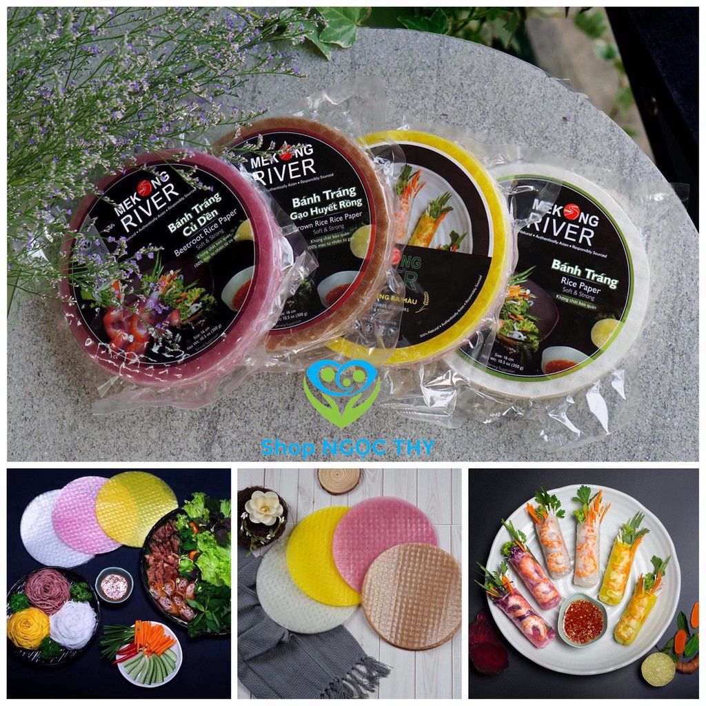 Bánh tráng Mekong rice tiêu chuẩn xuất khẩu gồm bánh gạo lứt bánh 3 màu ,củ dèn ,nghệ eat clean &healthy gói 300g