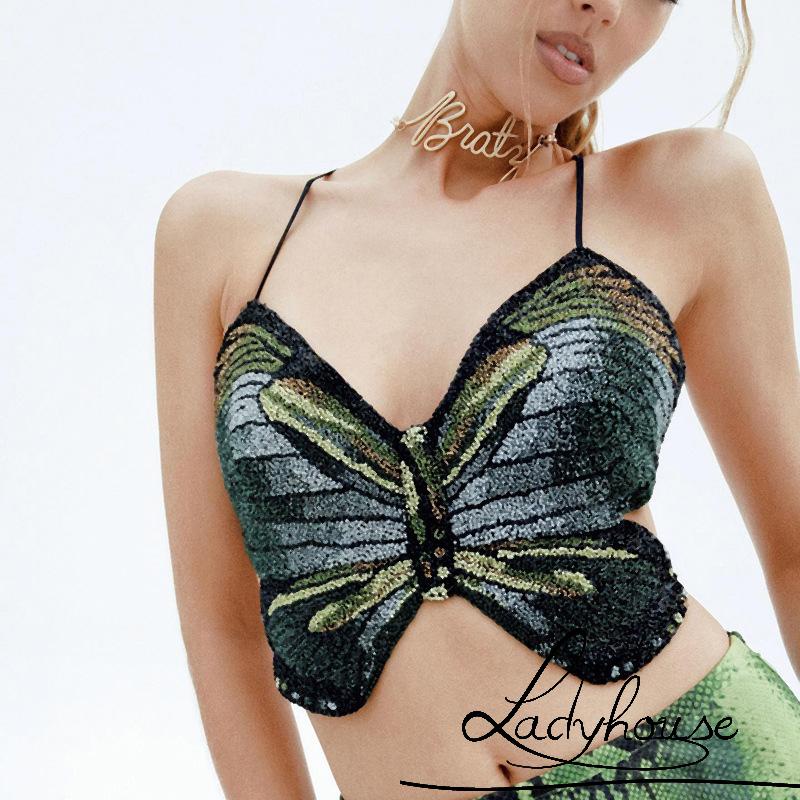 Áo Croptop Hai Dây Không Tay Hở Lưng In Họa Tiết Bướm Cổ Điển Y2K Mùa Hè 2022 Cho Nữ