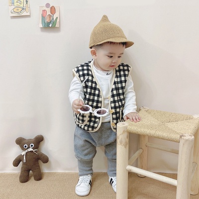 Áo Khoác Cotton Không Tay In Họa Tiết Caro Dễ Thương Phong Cách Hàn Quốc Cho Bé