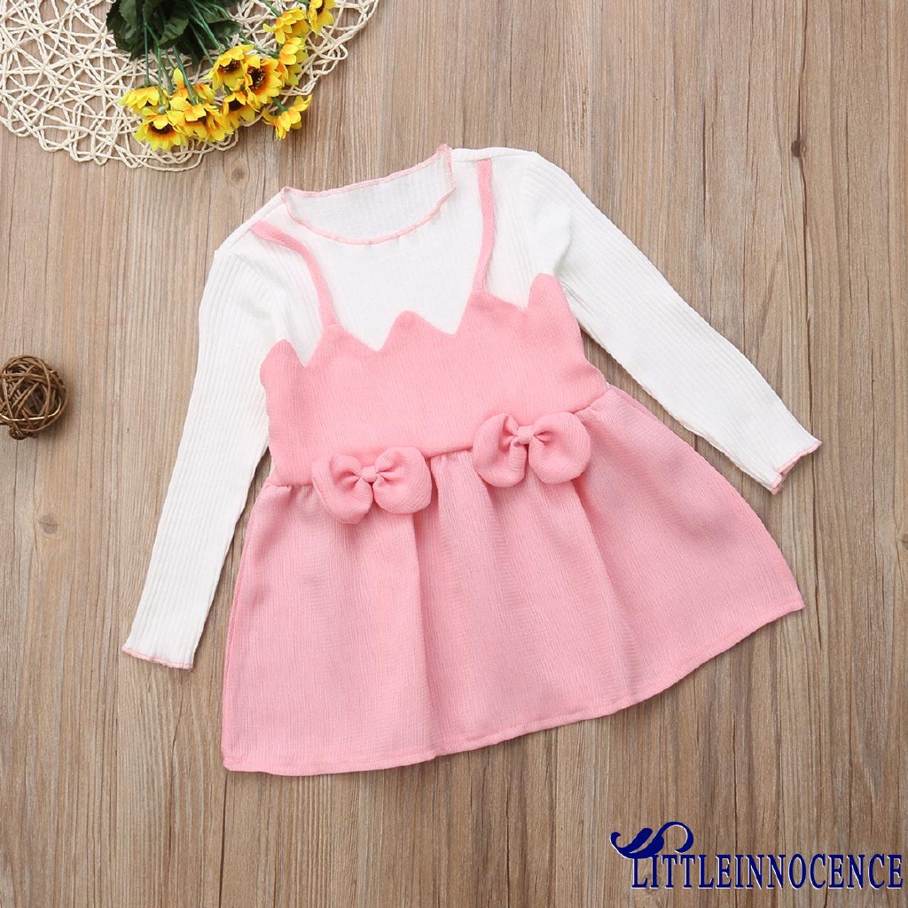 ❤XZQ-Toddler Kid Baby Girl Pink Long Sleeve Bowknot Princess Dress Skirt Party Outfits