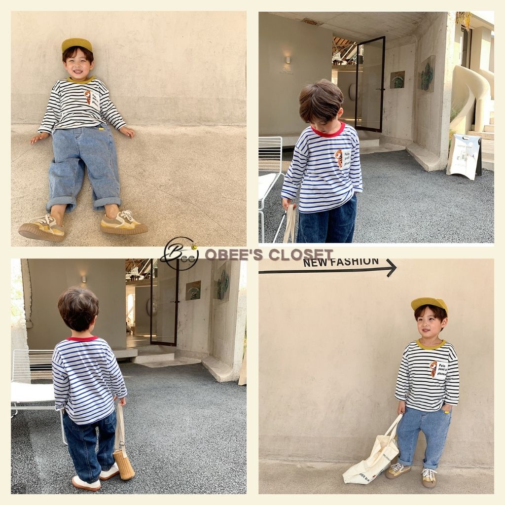 Áo thun dài tay bé trai Obee's Closet Áo thun sọc cotton cổ tròn