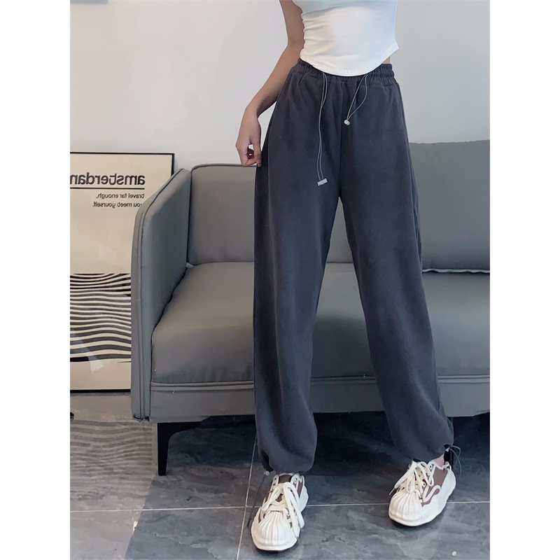 Quần Thể Thao Nữ Dài Lưng Cao Ống Rộng Màu Đen Phong Cách Hàn Quốc