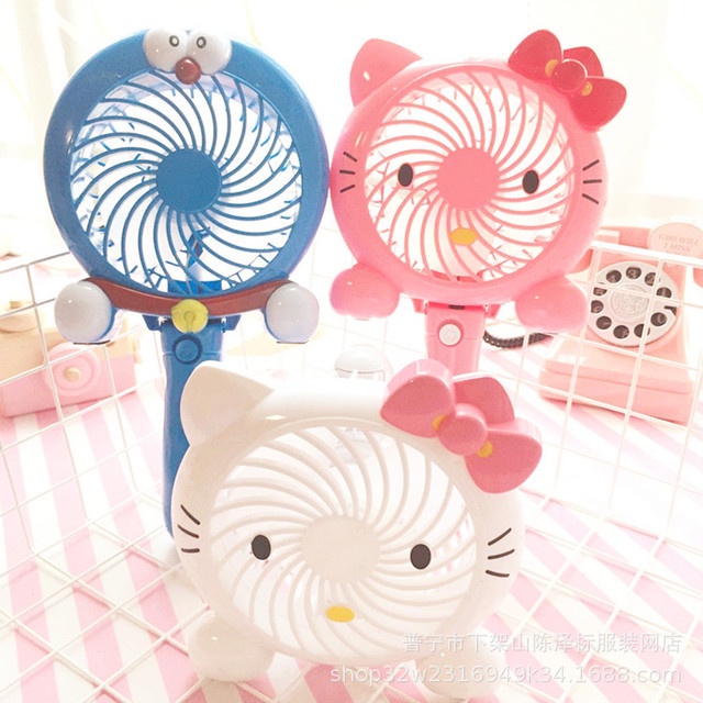 Quạt tích điện mini cầm tay 2 tốc độ gió siêu mát hình Doremon/ Kitty cute