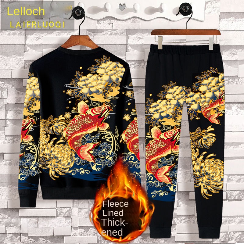 Bộ đồ hai món vải nhung dáng rộng in họa tiết thời trang thu đông cho nam và nữ