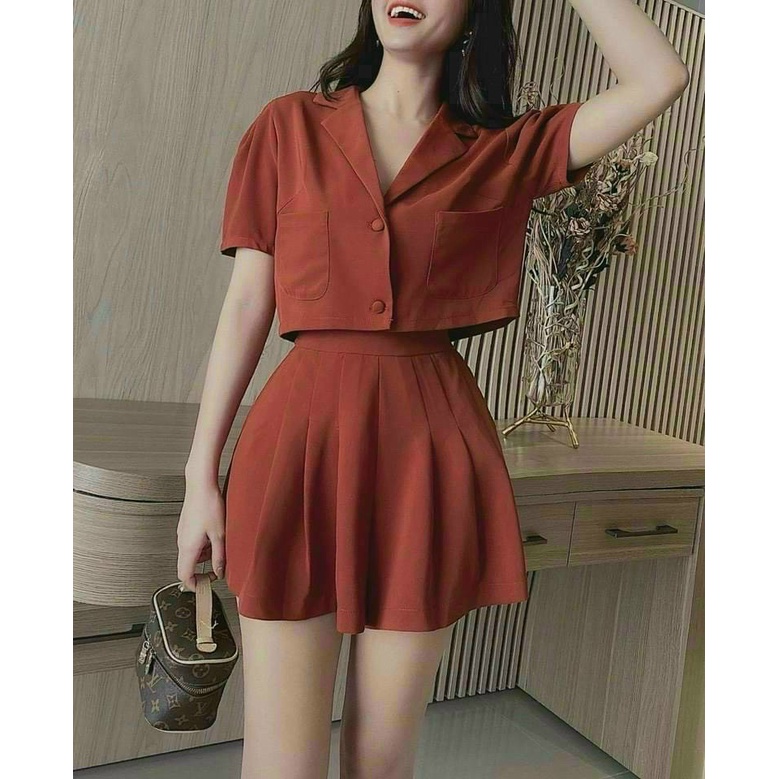 Sét Váy Nữ Thời Trang Mặc Đi Chơi, Sét Váy Tuyết Mưa Nữ Xếp Ly Áo Tay Ngắn Cổ V Nút 4 Màu Phong Cách Hàn Quốc