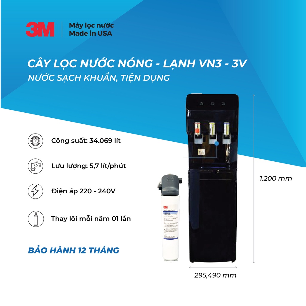 Cây Lọc Nước Nóng Lạnh 3M VN3-3V Màu Đen (Sử Dụng Máy 3M Brew120)