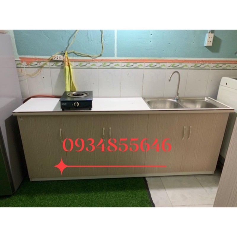 Tủ bếp nhựa đài loan có bồn vân gỗ mặt bếp dán gạch 2m04x80(TPHCM) | BigBuy360 - bigbuy360.vn