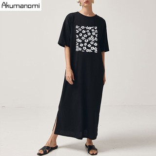 Plus đầm thun cotton dáng dài form rộng màu đen size lớn