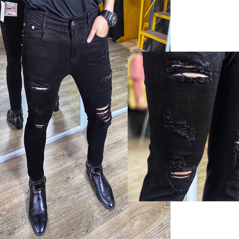 Mẫu destroy jeans đen rách gối/đùi