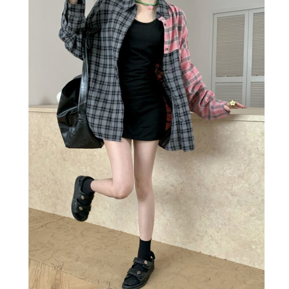 Áo Sơ Mi Chống Nắng Tay Dài Dáng Rộng Họa Tiết Sọc Caro Thời