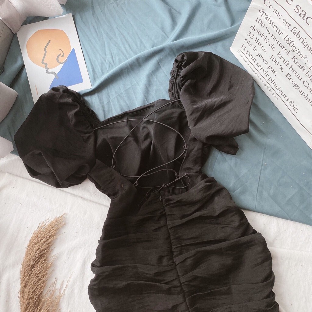 ĐẦM BODY ĐEN ĐAN LƯNG TAY BỒNG SANG CHÃNH DBD1309