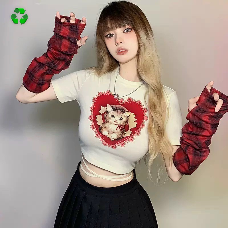 Áo thun nữ tay ngắn dáng croptop phối dây buộc lưng in họa tiết mèo trái tim hot 42