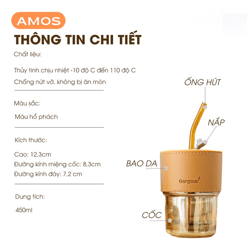 Cốc uống nước có ống hút AMOS chất liệu thủy tinh cao cấp dung tích 450ml