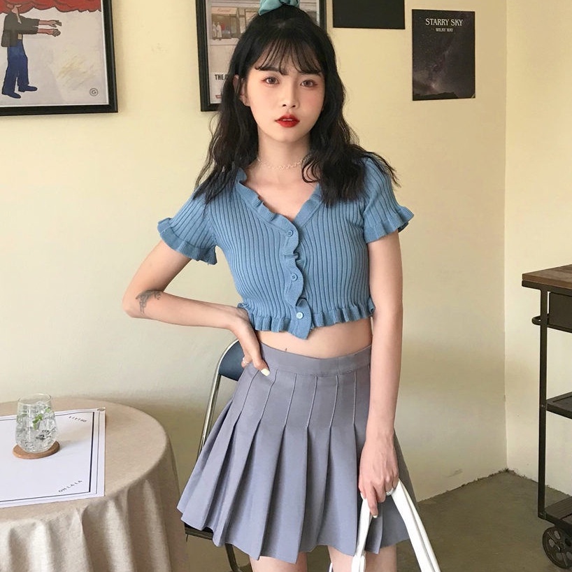 Áo Croptop phông nữ sexy dệt kim blackpink Ngắn Tay Cổ Chữ V Màu Trơn Phong Cách Hàn Quốc K5T3-2