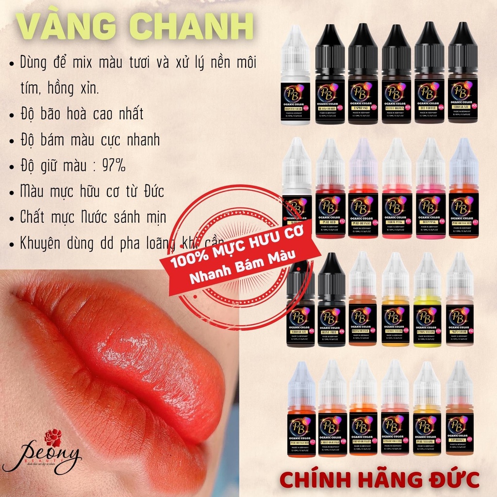 Mực phun xăm Hữu Cơ, VÀNG CHANH và 20 màu Mực Nước phun xăm Thẩm Mỹ