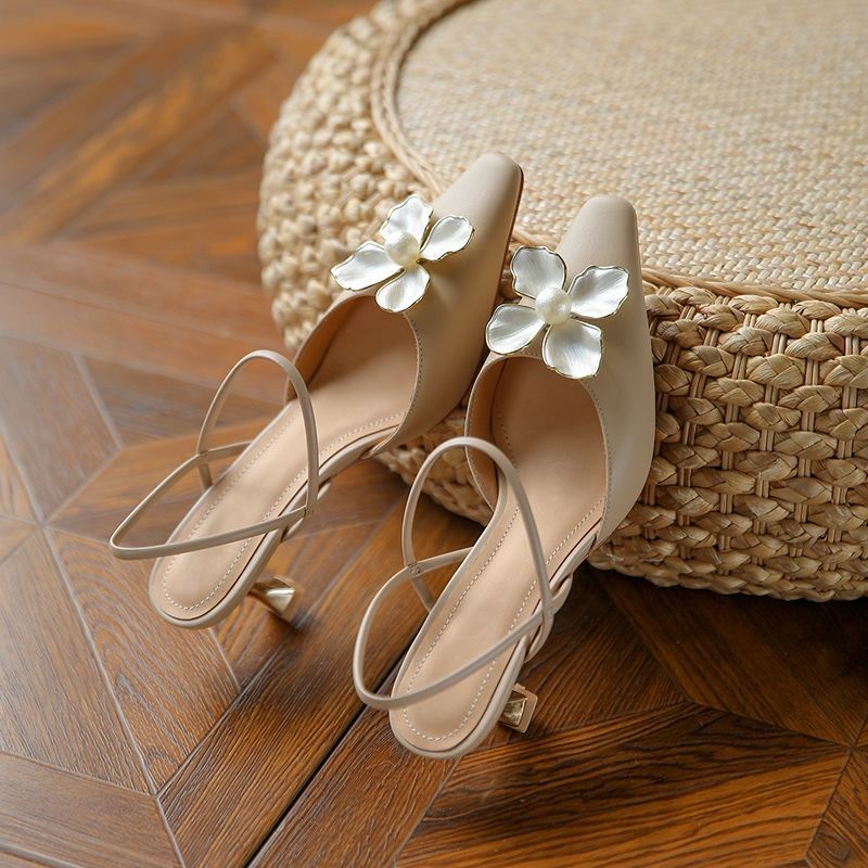 Sandal da MURIOKI đính hoa ngọc trai mũi nhọn phong cách cổ điển thanh lịch