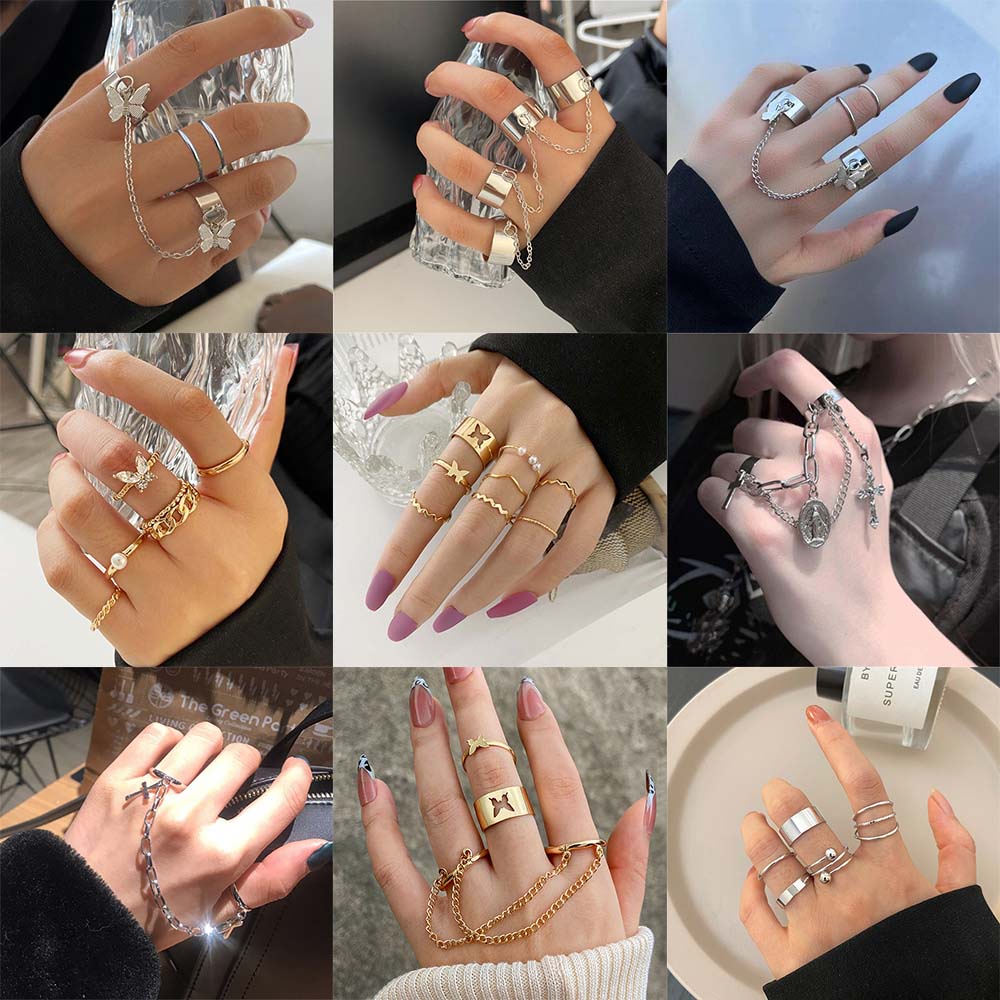 Set nhẫn đeo tay kim loại phong cách retro cho nam nữ