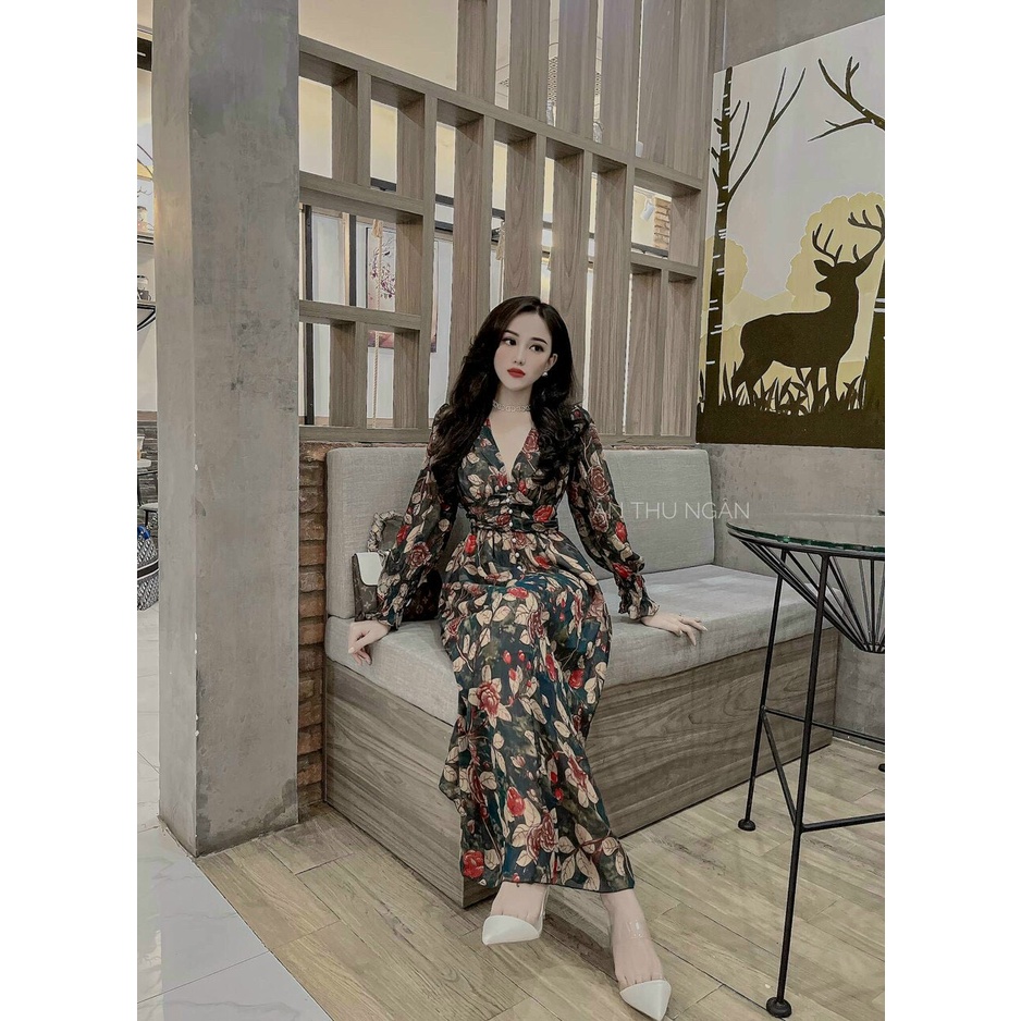 Đầm Voan Dày Mịn Cổ Chữ V Kèm Nút Giả Tay Dài Phối In Nhiều Hoa Dễ Thương TTSA1631