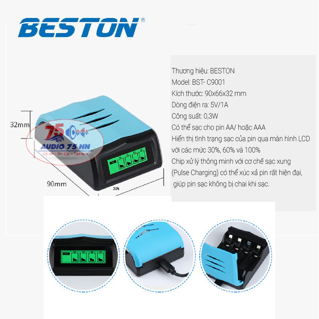 {Chính hãng} Bộ sạc pin đa năng AA/AAA Beston C9001 sạc nhanh tự ngắt, có màn LCD báo dung lượng pin