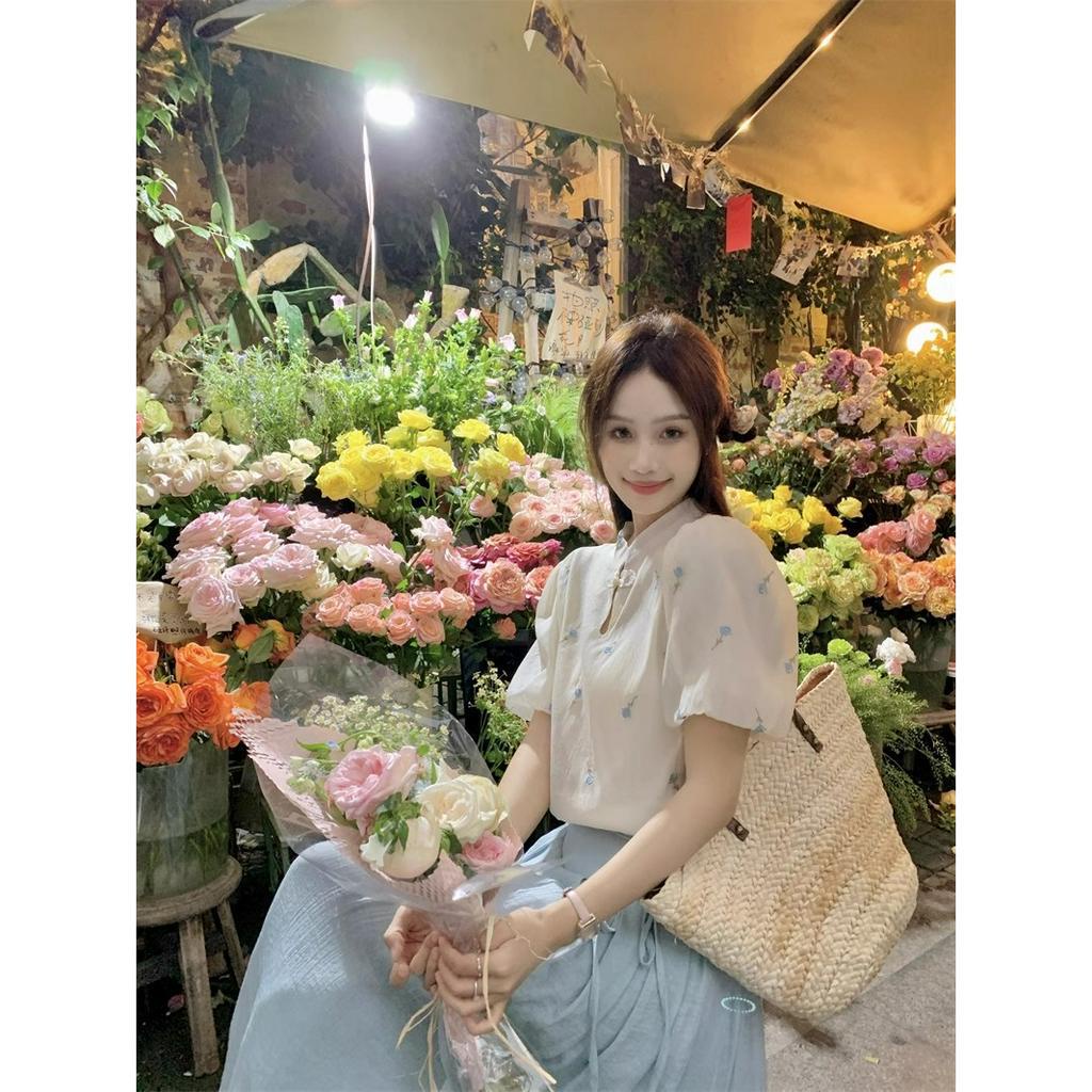 Xiaozhainv Set Áo Sơ Mi Tay Phồng Thêu Họa Tiết + Chân Váy Chữ A Lưng Cao Phong Cách Trung Hoa Cổ Điển Thời Trang Cho Nữ