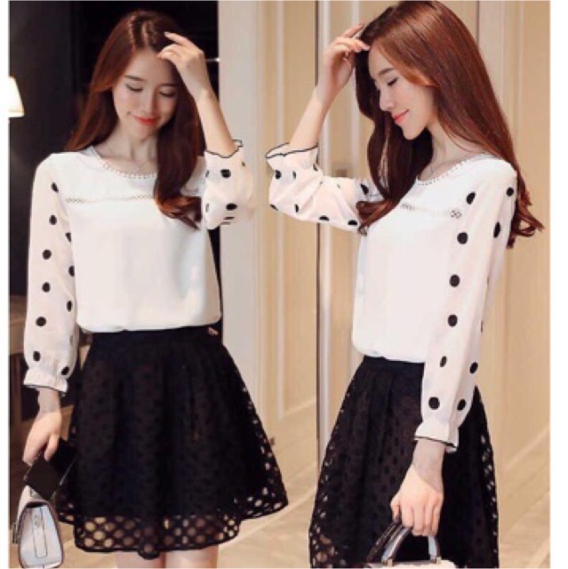 Áo kiểu phối ren nhí tay dài