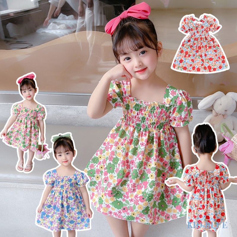 Đầm Hoa Cổ Vuông Tay Phồng Thời Trang Phương Tây Dễ Thương Cho Bé Gái