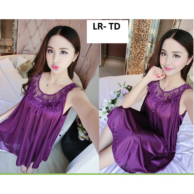Bộ đồ ngủ phi lụa 2 dây mềm mại viền ren cổ cầu kì tinh tế kiêu sa free size dưới 75kg ( SÁT NÁCH)