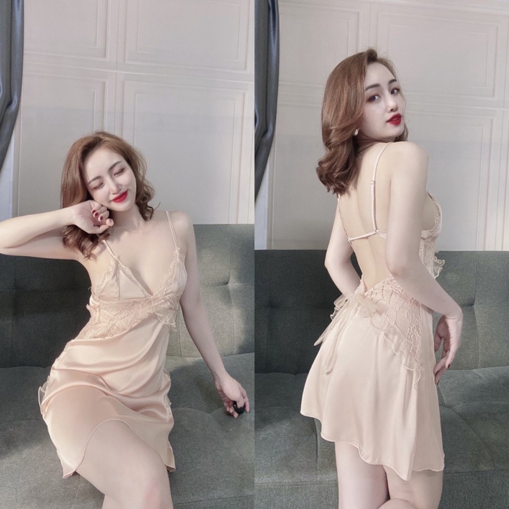 Đồ Ngủ Sexy Lụa Satin Đầm Cột Nơ Sau Kèm Quần Chip Cao Cấp Boody BV05 | BigBuy360 - bigbuy360.vn