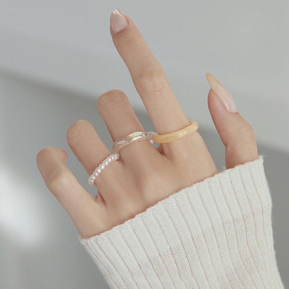 Set 3 Nhẫn Đeo Khớp Ngón Tay Bằng Acrylic Đính Ngọc Trai Nhiều Màu Thời Trang Retro Cho Nữ