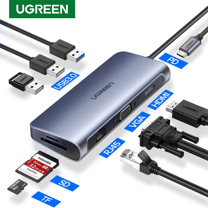 Hub USB Type-C 8 Cổng HDMI/USB 3.0/SD/TF/LAN Gigabit (RJ45) Ugreen 50538 - Hàng Chính Hãng