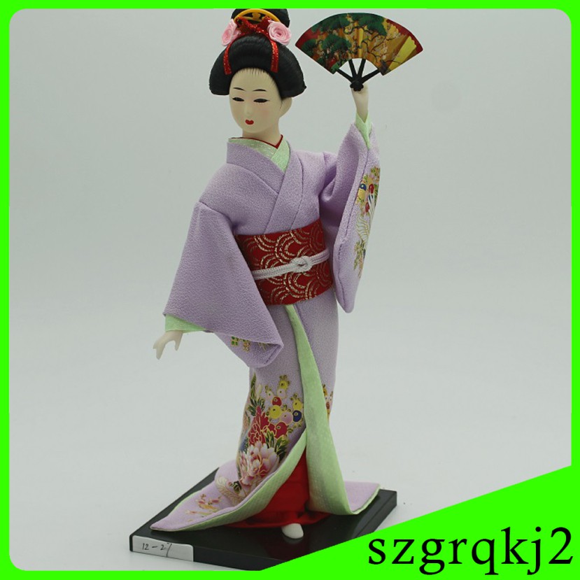 Búp Bê Geisha Mặc Kimono Màu Tím Cỡ 12inch Trang Trí Nhà Cửa