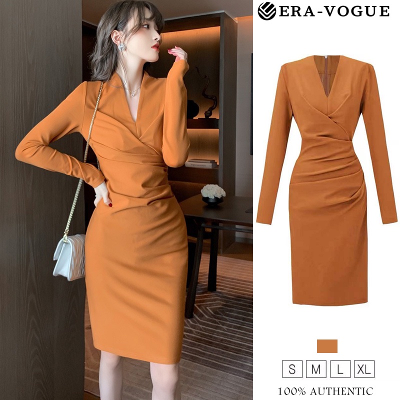 Eravogue🌷 Đầm Midi Mảnh mai Cổ chữ V áo dài tay phong cách Hàn Quốc phong cách thanh lịch Đầm dây 4557
