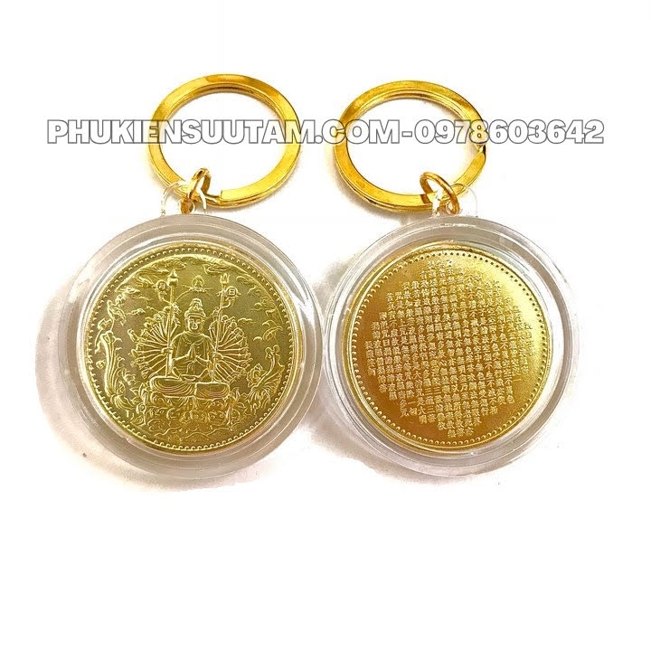 Móc Khóa Xu Vàng Phật Quan Âm Nghìn Tay Nghìn Mắt, đường kính: 5cm, màu vàng - SP005734
