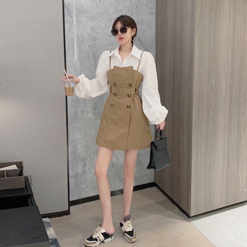 Set Áo Sơ Mi Trắng Tay Dài Phồng + Đầm Hai Dây Phong Cách Hong Kong Thời Trang Cho Nữ