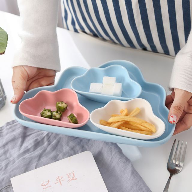 Khay, bát sứ ăn dặm hình đám mây giọt mưa - Nhiều màu
