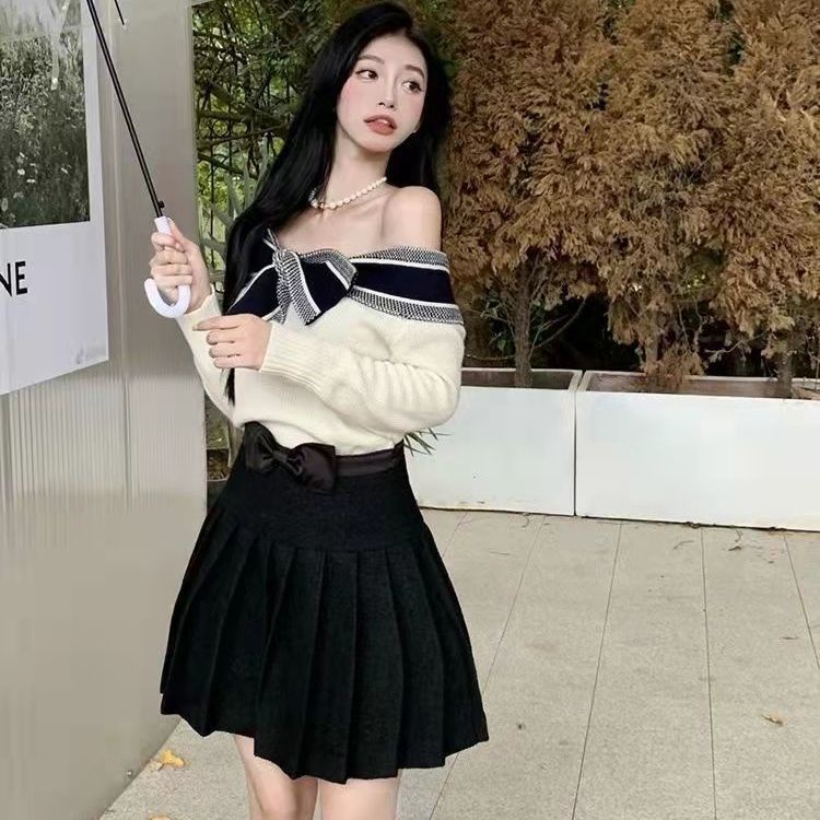 Áo dệt kim một bên vai đính nơ phong cách Hàn Quốc mới năm 2021