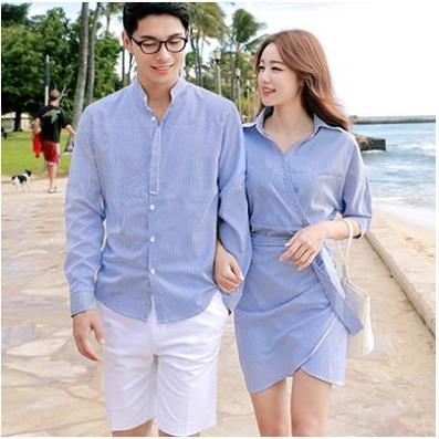 Set váy áo sơ mi đôi - Đồ đôi váy nữ tay lửng sơ mi nam cổ trụ đi biển AV190 YAME Couple  ཾ