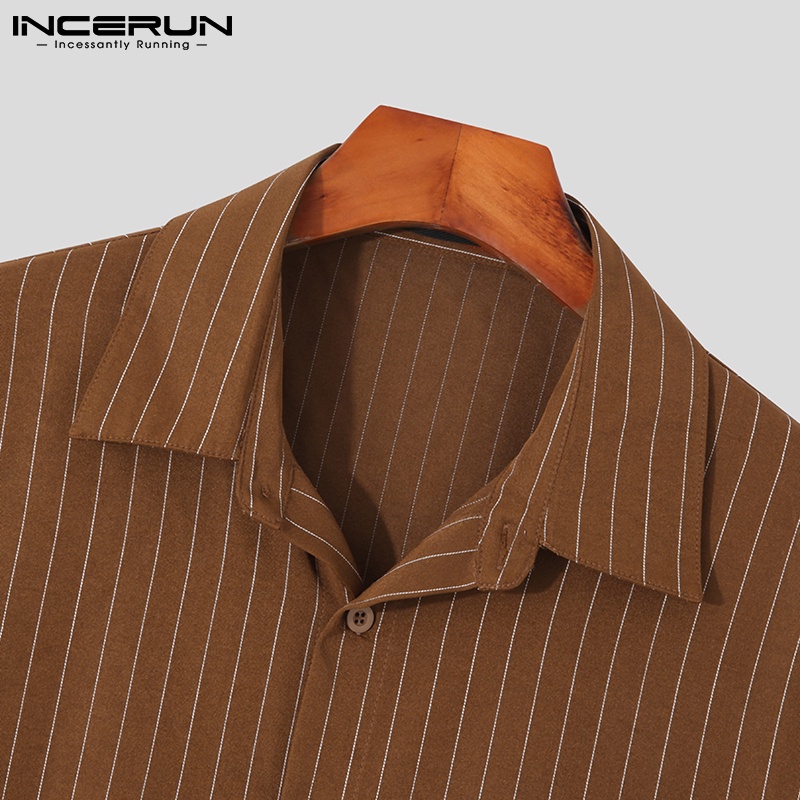 Áo sơ mi Incerun tay dài họa tiết kẻ sọc phong cách Hàn Quốc thời trang thích hợp cho nam