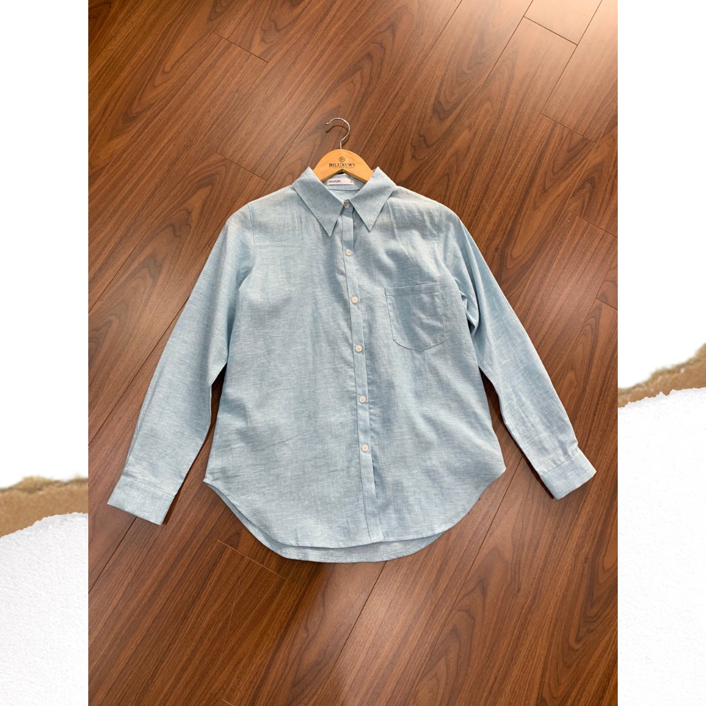 Áo sơ mi xanh đậm linen thiết kế Lalastyle