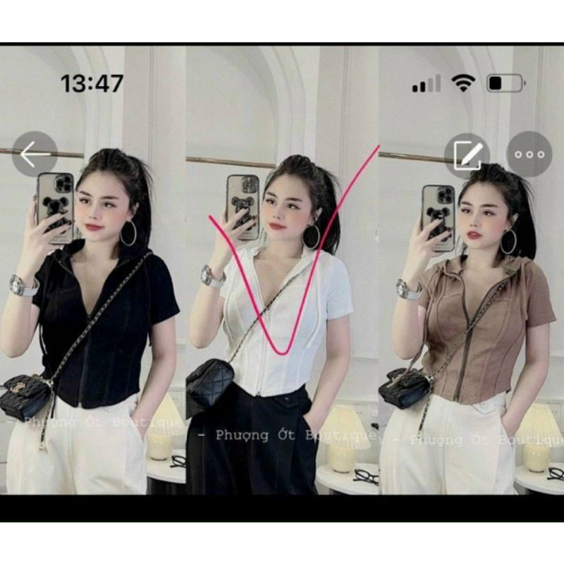 Áo kiểu có nón tay dài viền chỉ gân dây kéo giữa cực xinh , chất thun gân dày dặn