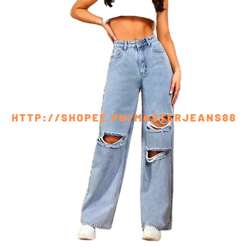 HOT [Size 30~35] Quần Suông Dài Bigsize Nữ - Xanh đá Rách 2.1 - Lưng Siêu Cao / Quần Jean
