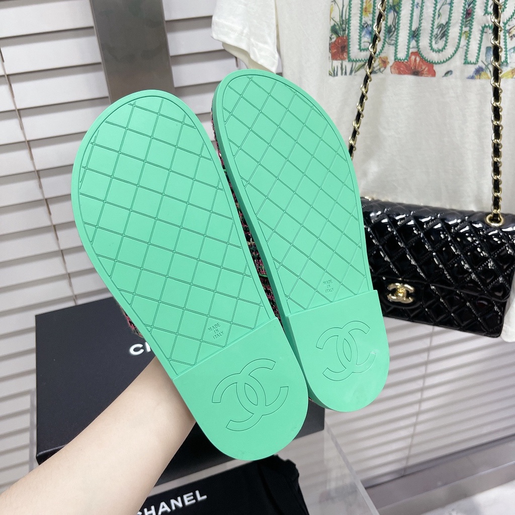 Dép nữ da thật thời trang cao cấp 𝘾𝙝𝙖𝙣𝙚𝙡 𝘾𝙝𝙖𝙣n𝙚𝙡 CN thiết kế dạ tweed, phong cách cá tính