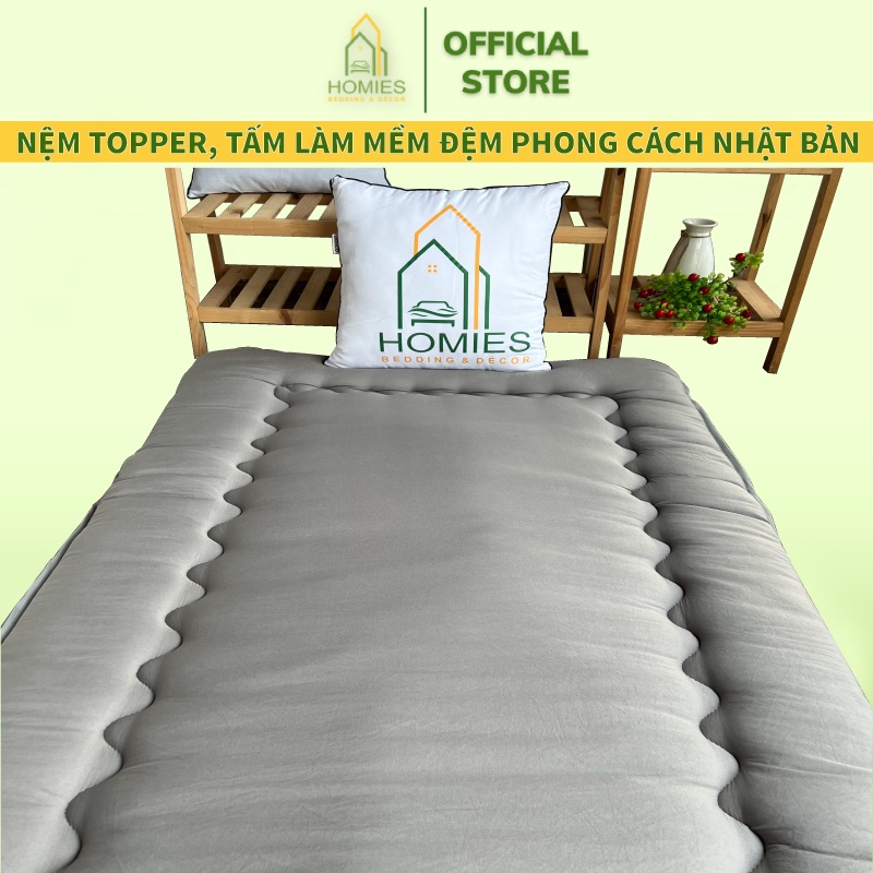 KÈM TÚI XÁCH - Topper Nệm Bông Xuất Nhật HOMIES Bedding &amp; Décor, Đệm Topper Xám Ghi, Tấm làm mềm đệm cotton