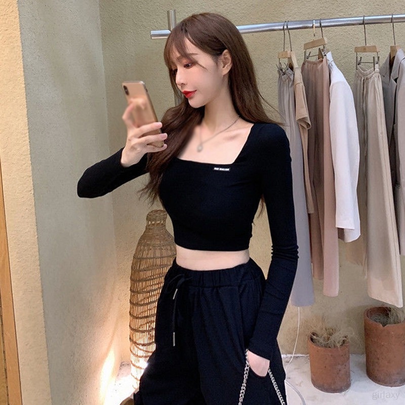 Áo Croptop Tay Dài Cổ Vuông Màu Sắc Đơn Giản Phong Cách Hàn Quốc Cho Nữ