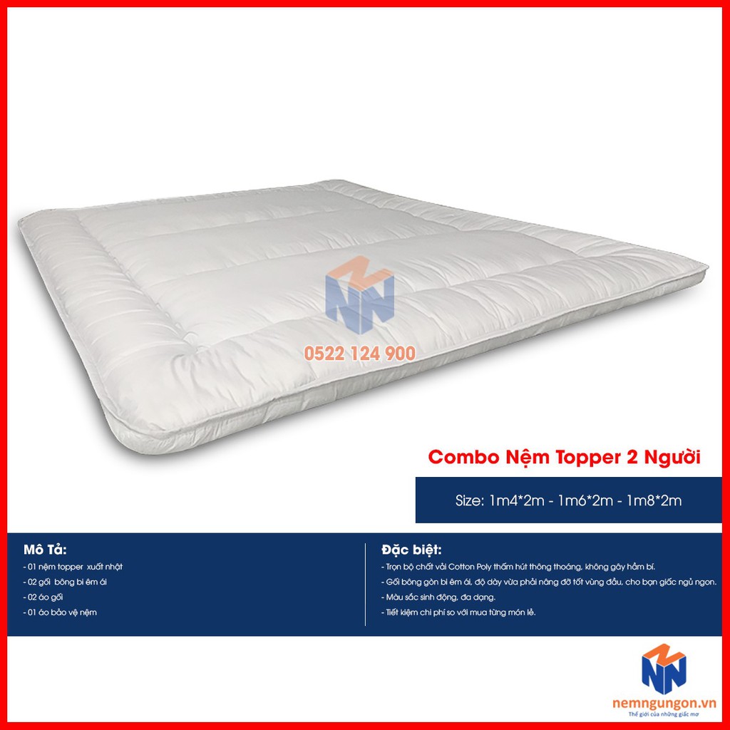 Combo trọn bộ sản phẩm nệm bông xuất Nhật - nệm topper Nhật - đồng bộ màu sắc [Đủ size] - Màu ngẫu nhiên