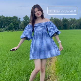 Váy trễ vai , đầm trễ vai tiểu thư , váy trễ vai babydoll sọc caro form rộng PLĐ07
