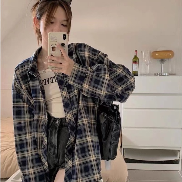 Áo Sơ Mi Nữ Dài Tay Sọc Caro Form Rộng Thời Trang Mới